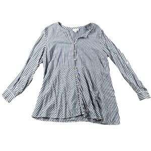 J Jill Top Womens S PETITE Button Up V Neck Striped Blue White Flowy Roll Tab